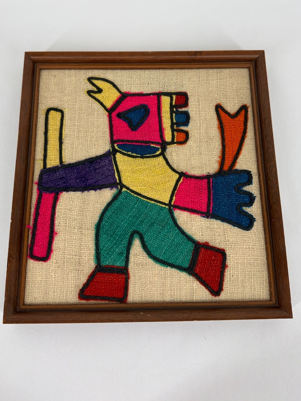 Vintage South American Wool Embroidery Burlap Wall Art